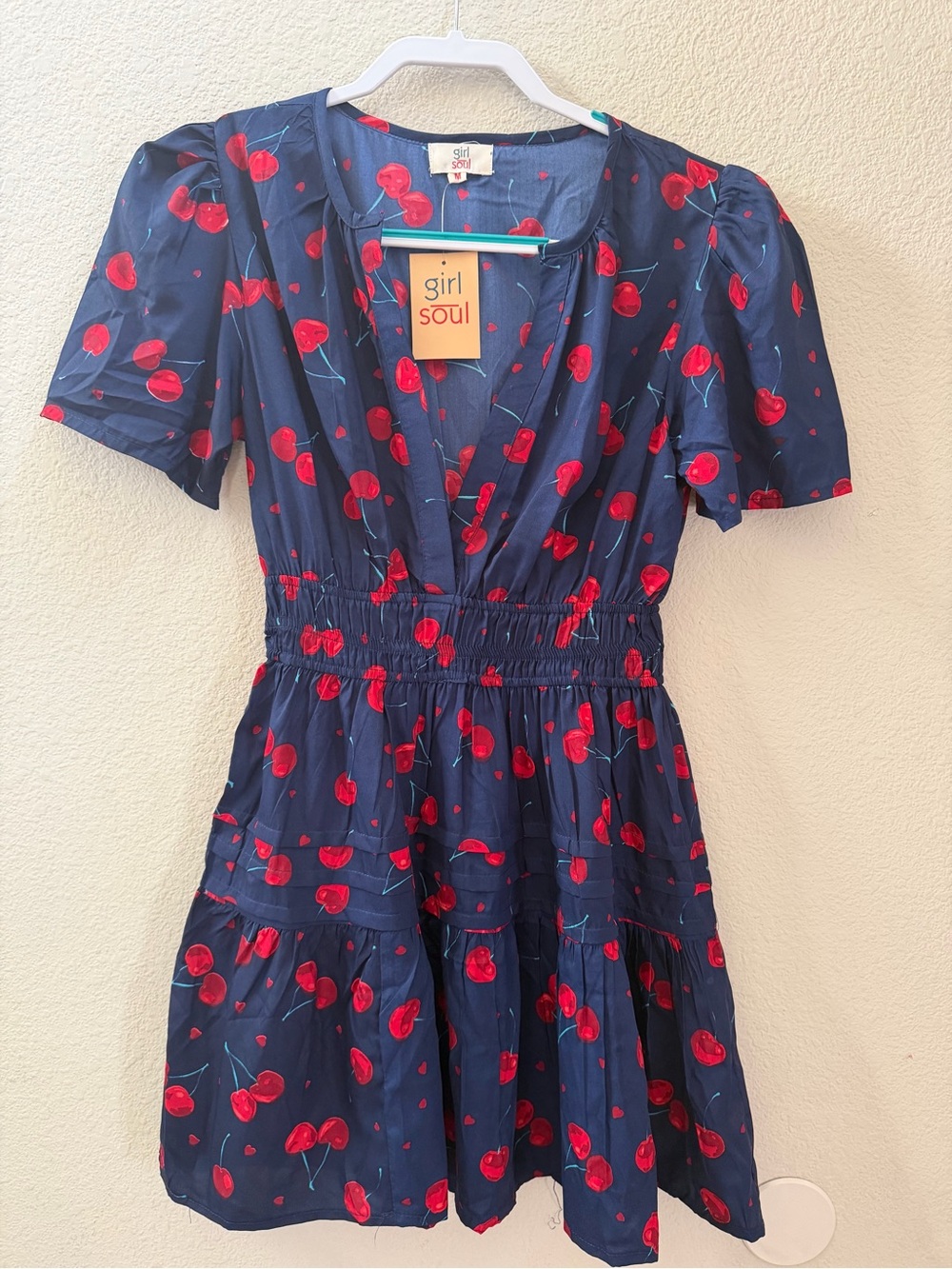 Girl Soul Navy Mini Dress with Red Cherry Print